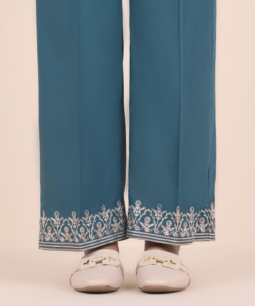 Women's Pret Solid Embroidered Deep Teal Dull Raw Silk Straight Trousers