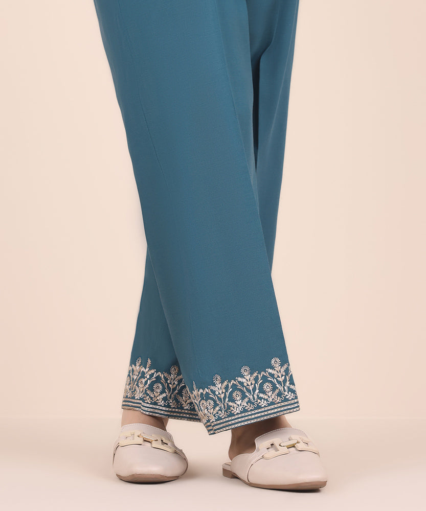 Women's Pret Solid Embroidered Deep Teal Dull Raw Silk Straight Trousers