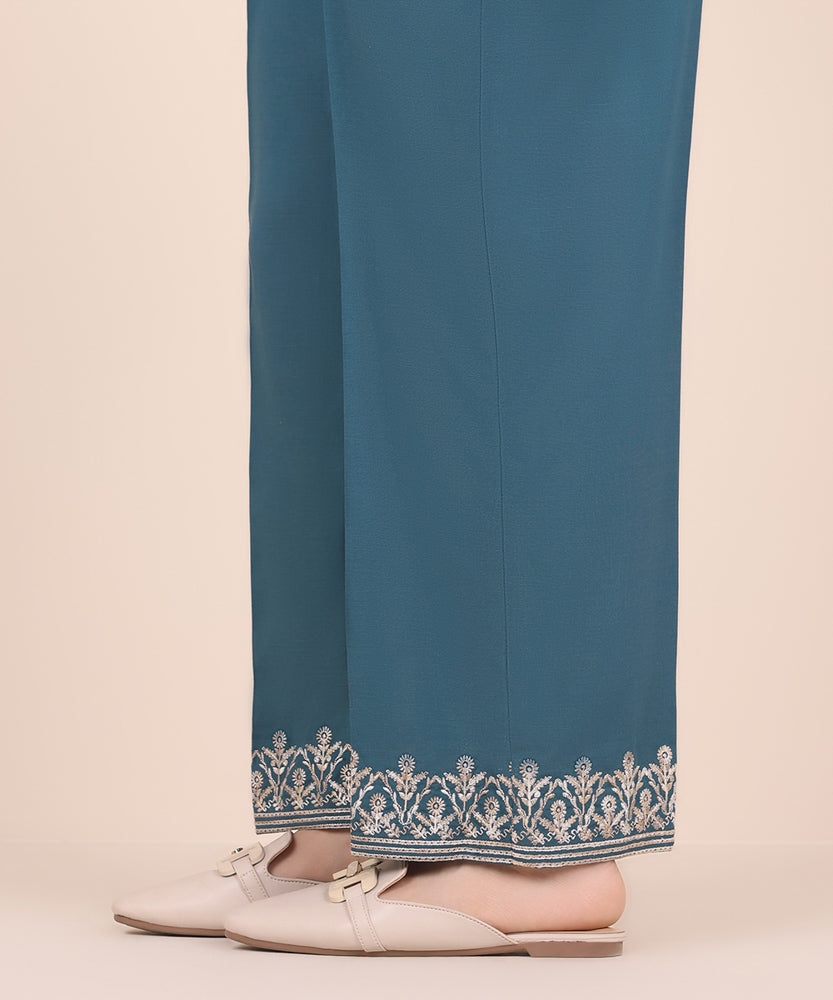 Women's Pret Solid Embroidered Deep Teal Dull Raw Silk Straight Trousers