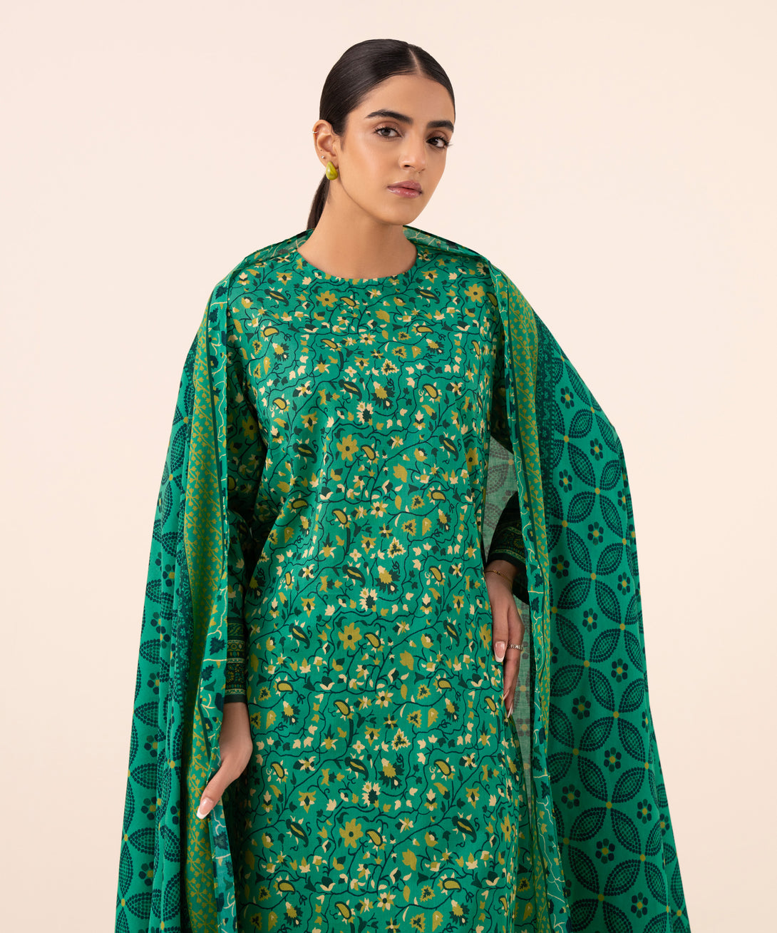 Women's Unstitched Cotton Printed Green Three Piece Suit
