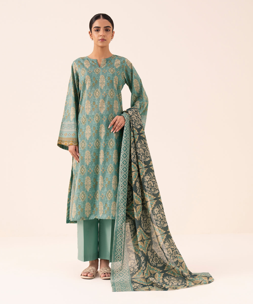 Women's Unstitched Cotton Printed Aqua Three Piece Suit