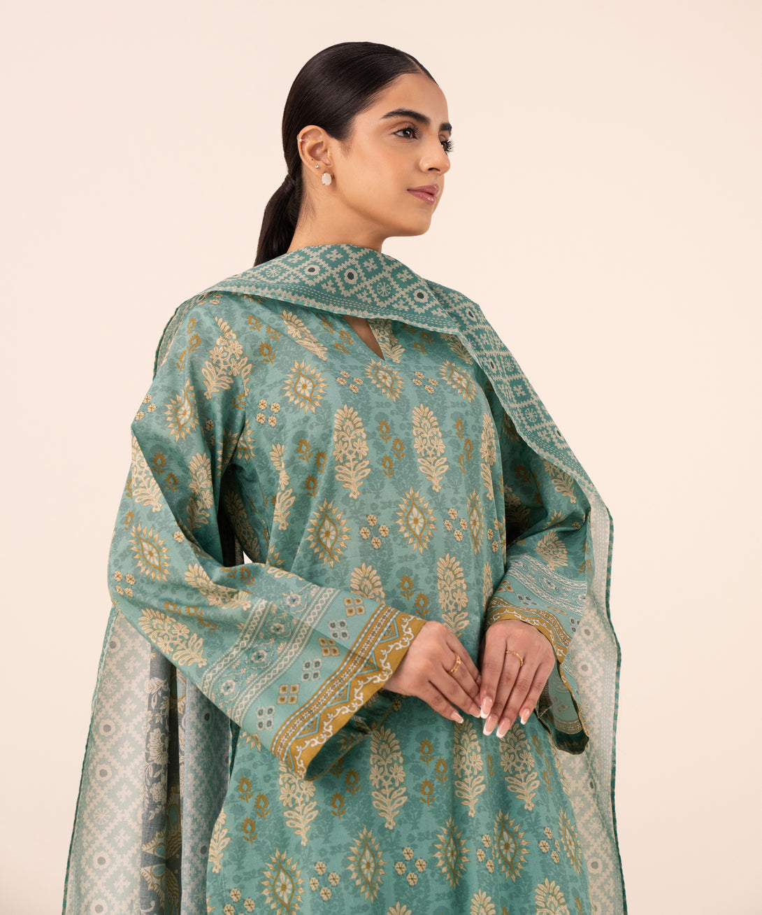 Women's Unstitched Cotton Printed Aqua Three Piece Suit
