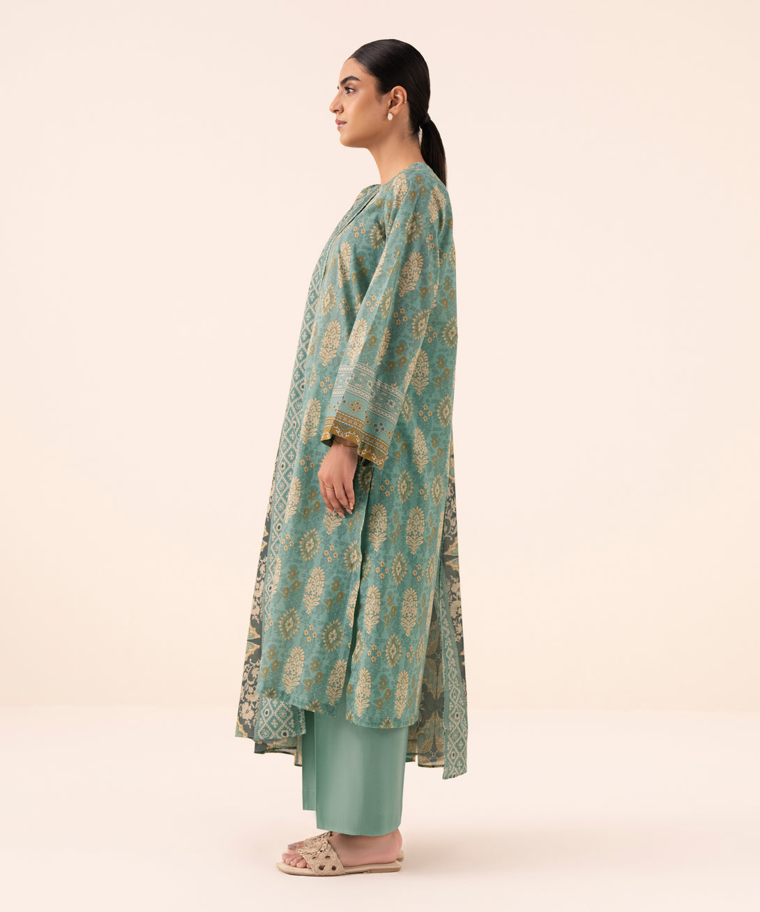 Women's Unstitched Cotton Printed Aqua Three Piece Suit