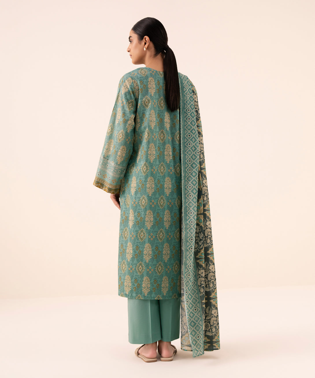 Women's Unstitched Cotton Printed Aqua Three Piece Suit