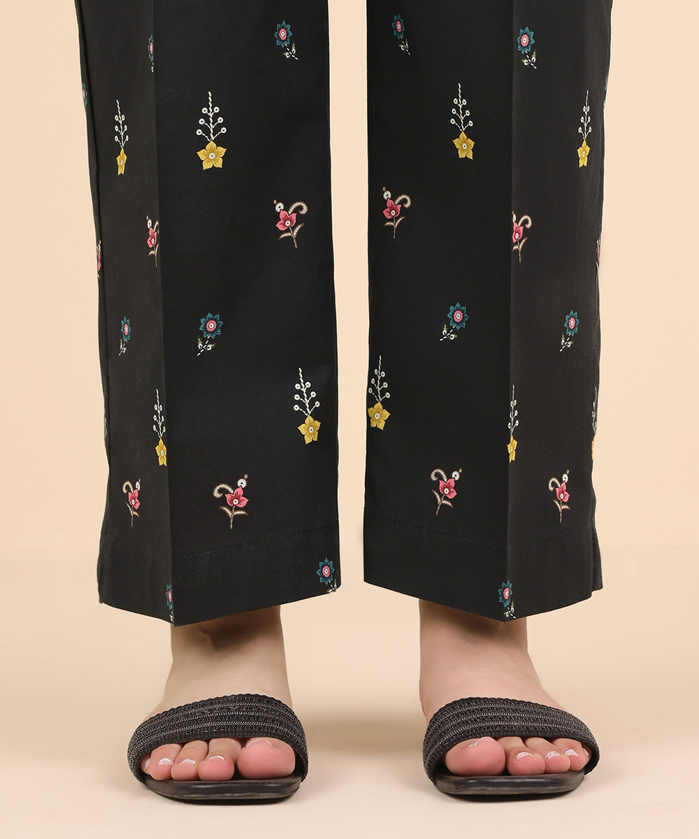 Women's Pret Cambric Black Embroidered Straight Pants