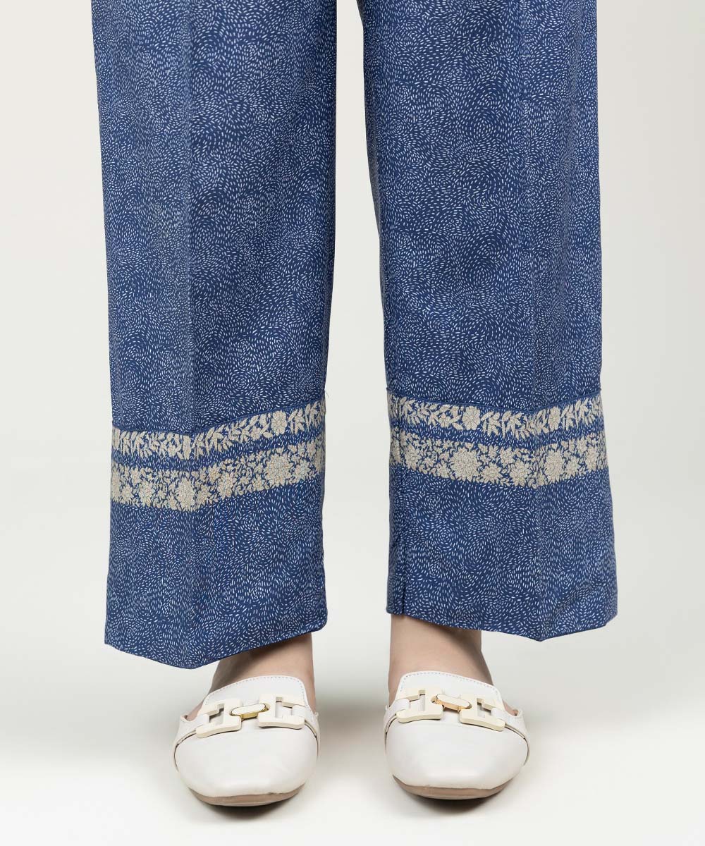 Women's Pret Linen Printed Blue Straight Pants