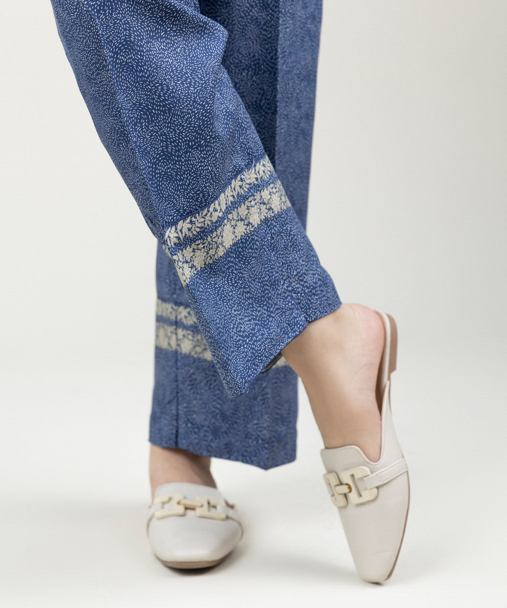 Women's Pret Linen Printed Blue Straight Pants