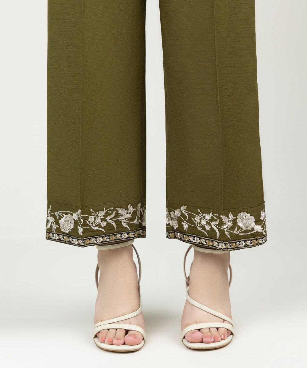 Women's Pret Linen Embroidered Olive Green Straight Pants