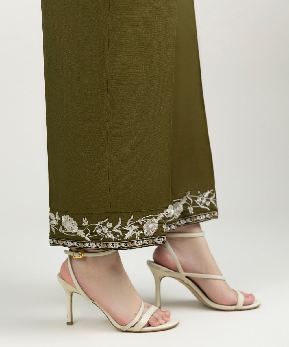 Women's Pret Linen Embroidered Olive Green Straight Pants