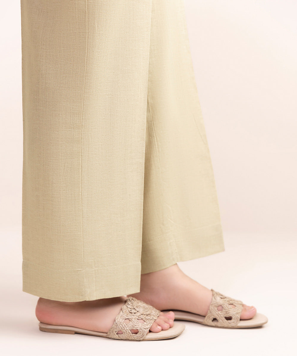 Women's Pret Cotton Linen Beige Solid Straight Pants