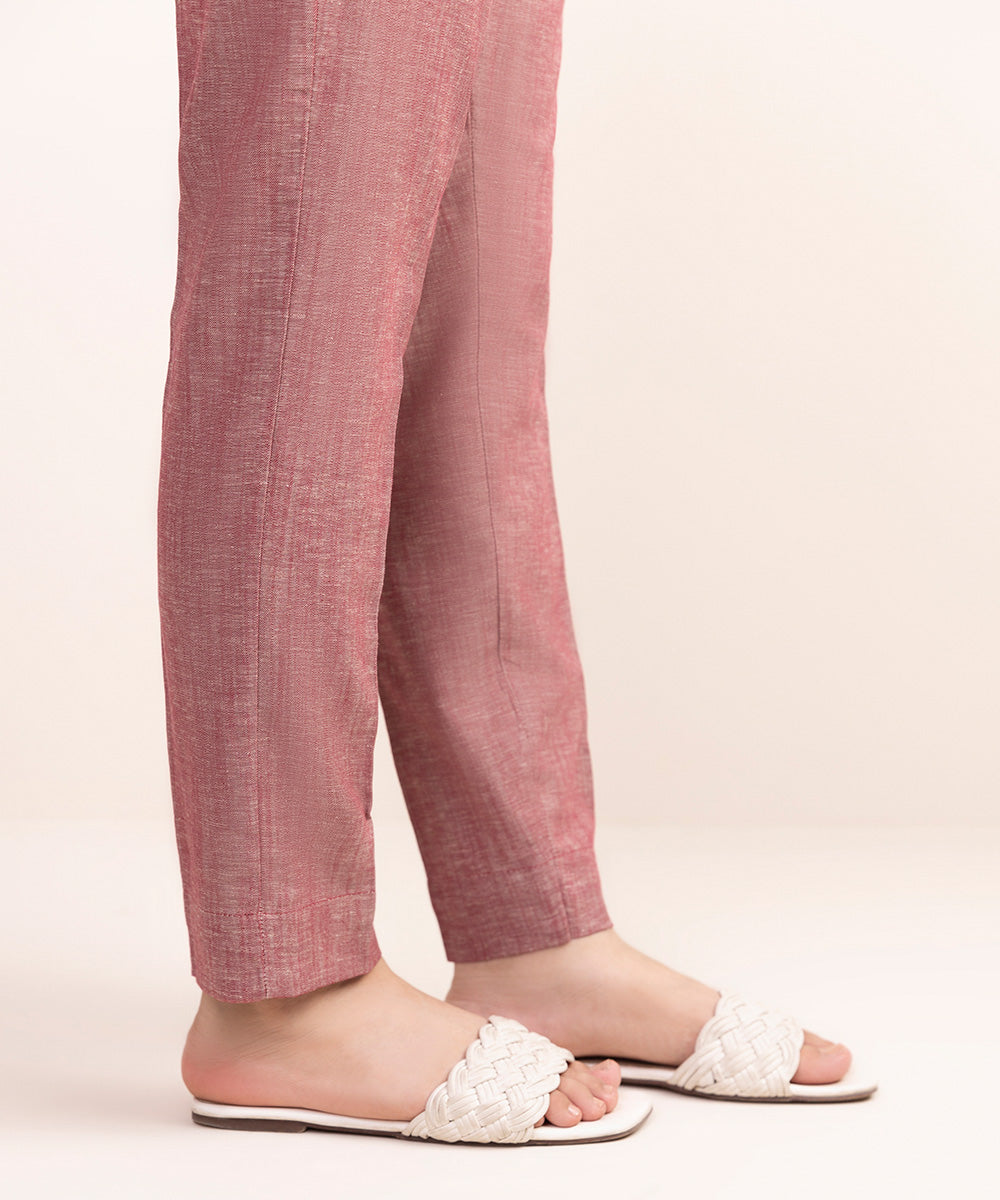 Women's Pret Cotton Linen Pink Solid Cigarette Pants