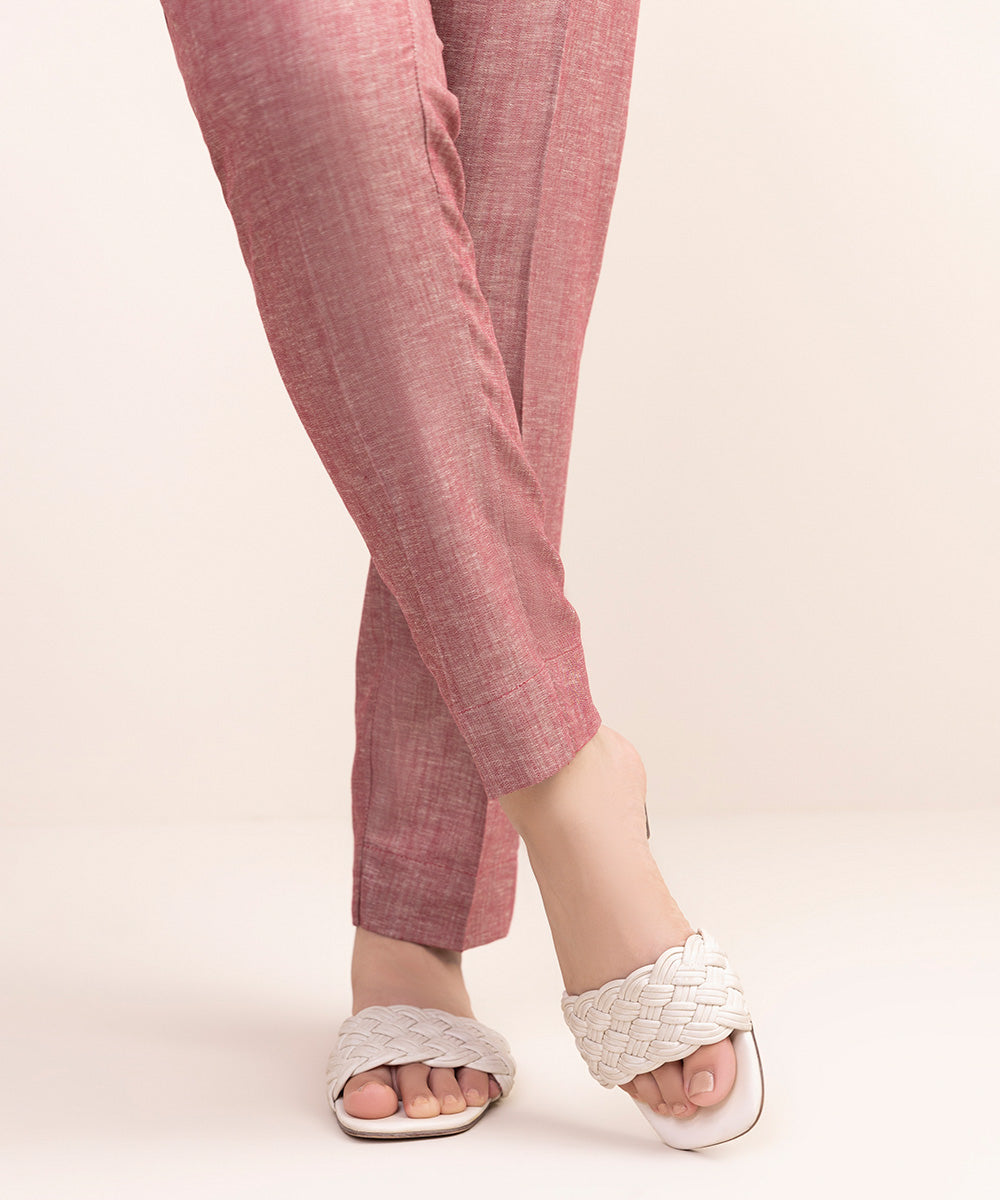 Women's Pret Cotton Linen Pink Solid Cigarette Pants