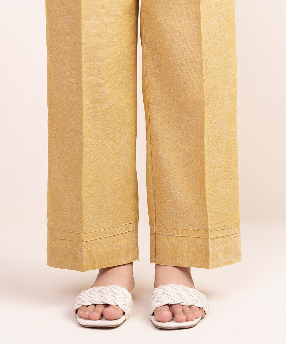 Women's Pret Cotton Linen Yellow Solid Straight Pants