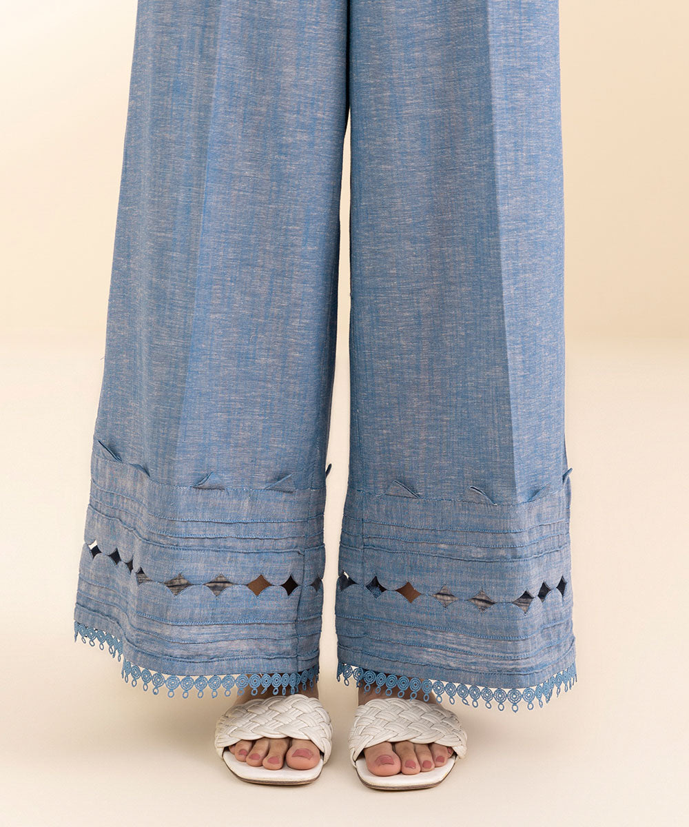 Women's Pret Cotton Linen Blue Solid Flared Pants