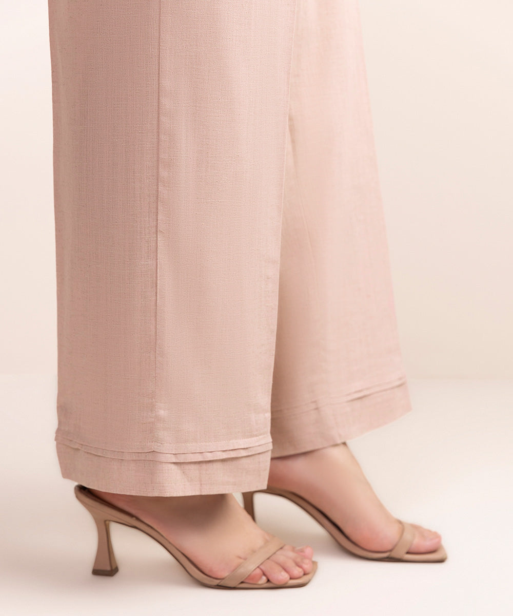 Women's Pret Cotton Linen Pink Solid Straight Pants