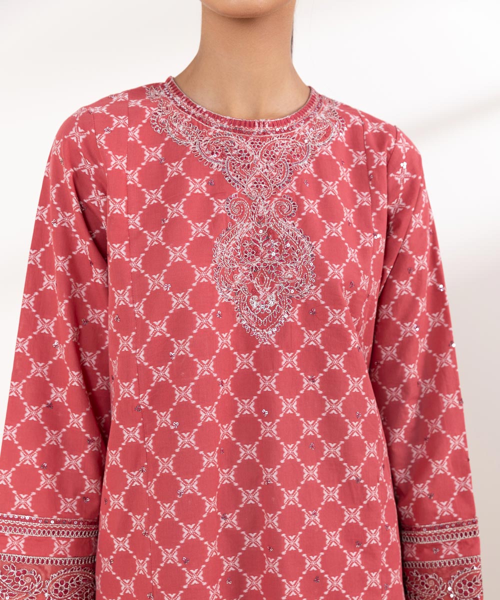 Women's Pret Extra Weft Jacquard Embroidered Pink A-Line Shirt