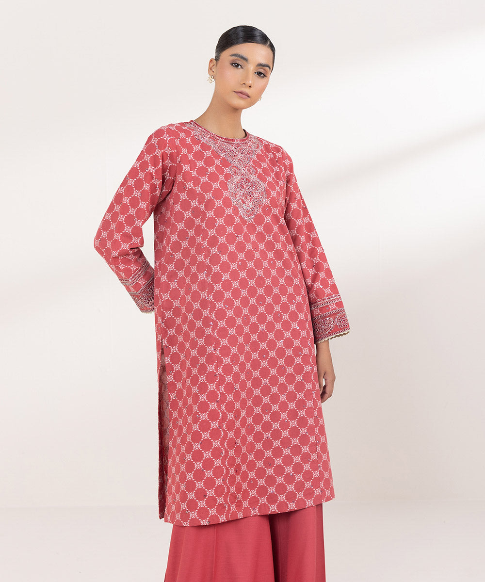 Women's Pret Extra Weft Jacquard Embroidered Pink A-Line Shirt