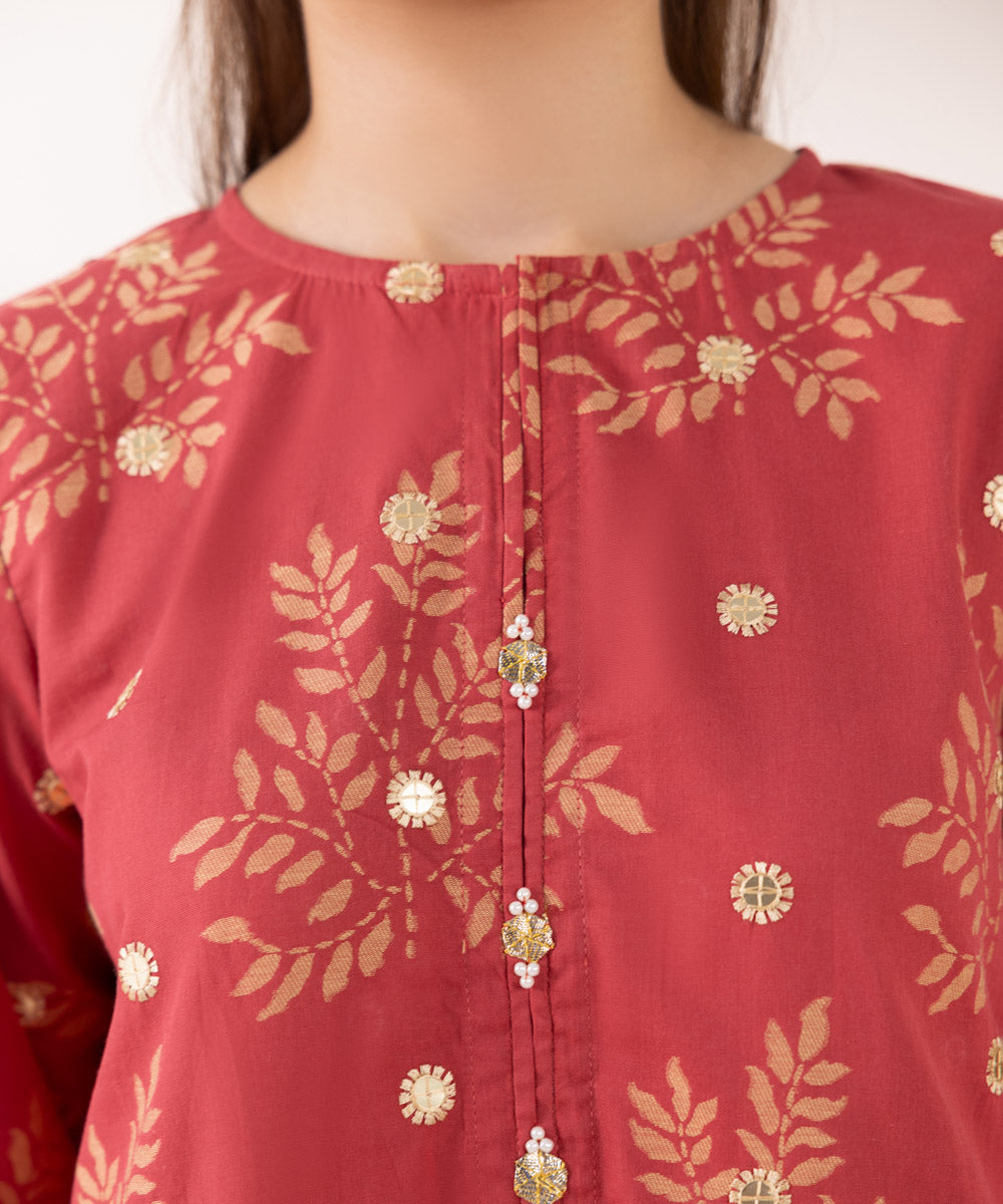 Women's Pret Extra Weft Jacquard Embroidered Red A-Line Shirt