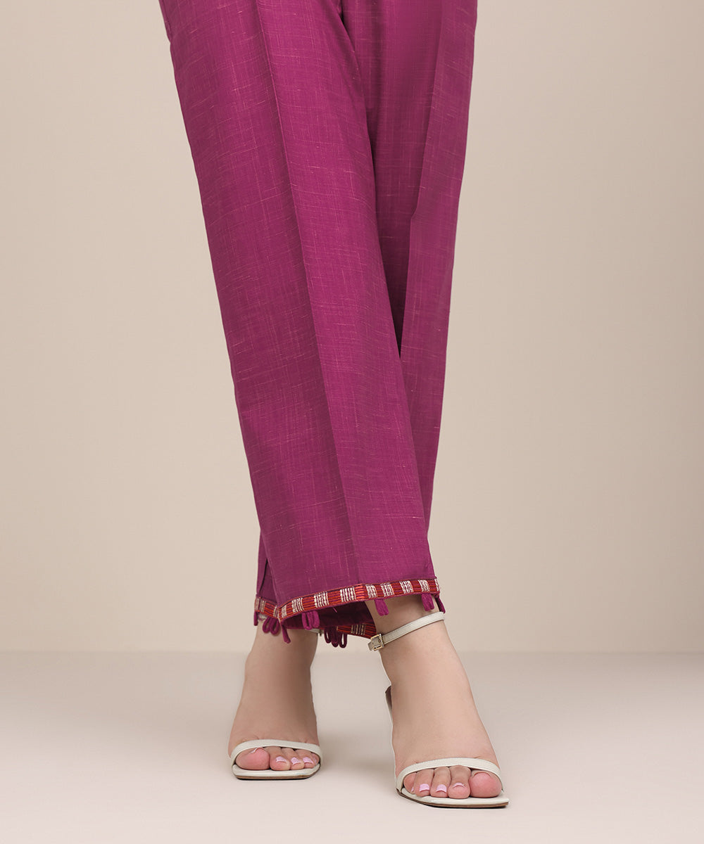 Women's Pret Textured Cotton Purple Embroidered Straight Pants