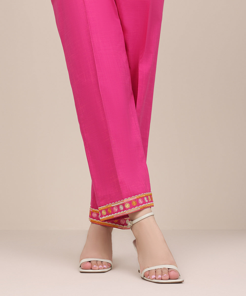 Women's Pret Textured Cotton Pink Embroidered Straight Pants