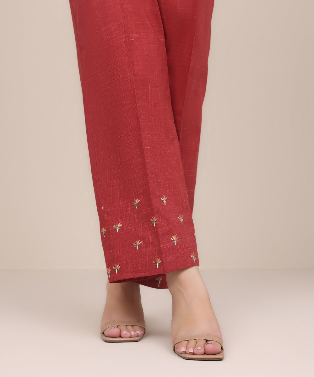 Women's Pret Textured Cotton Red Embroidered Straight Pants