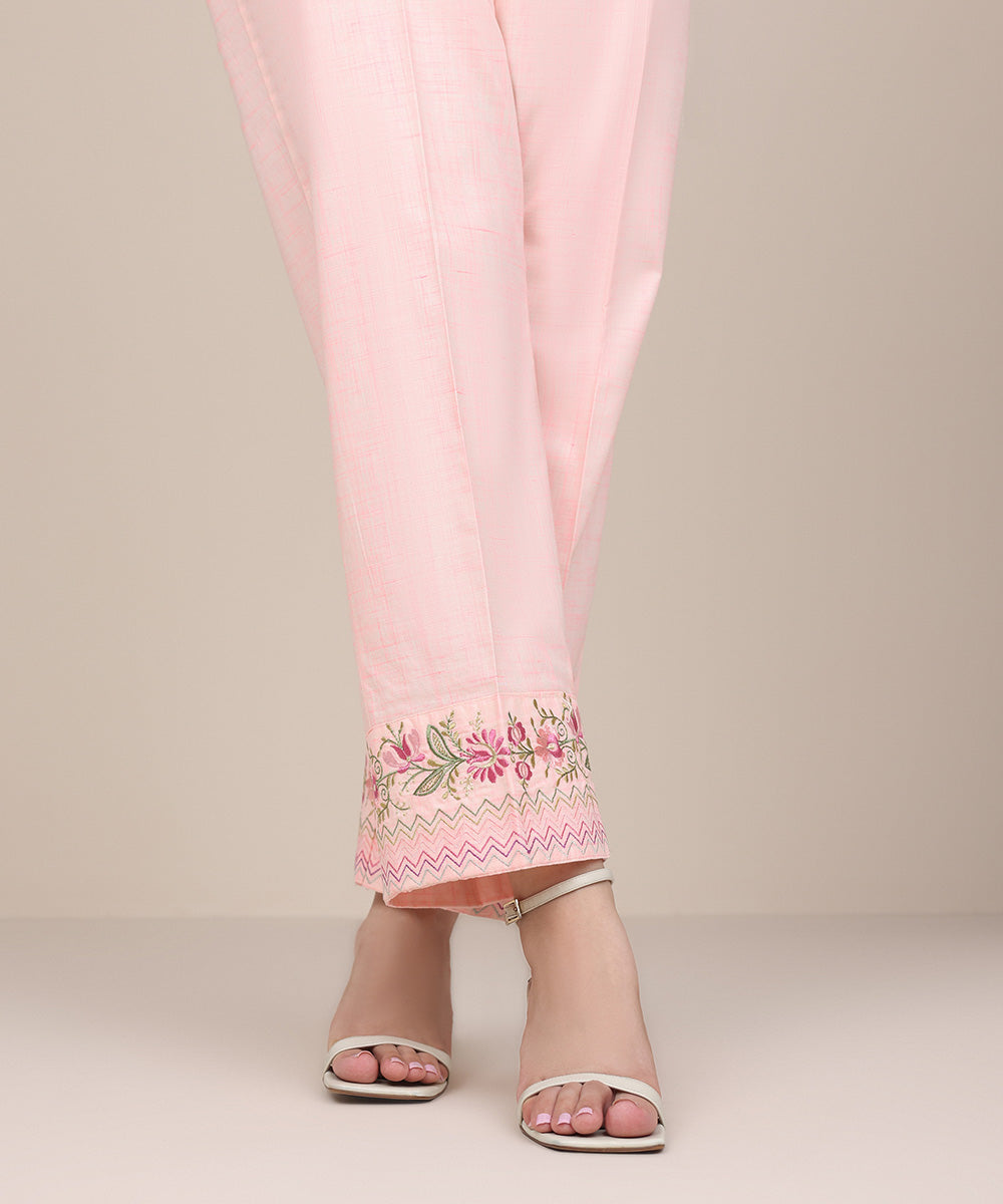 Women's Pret Textured Cotton Pink Embroidered Straight Pants