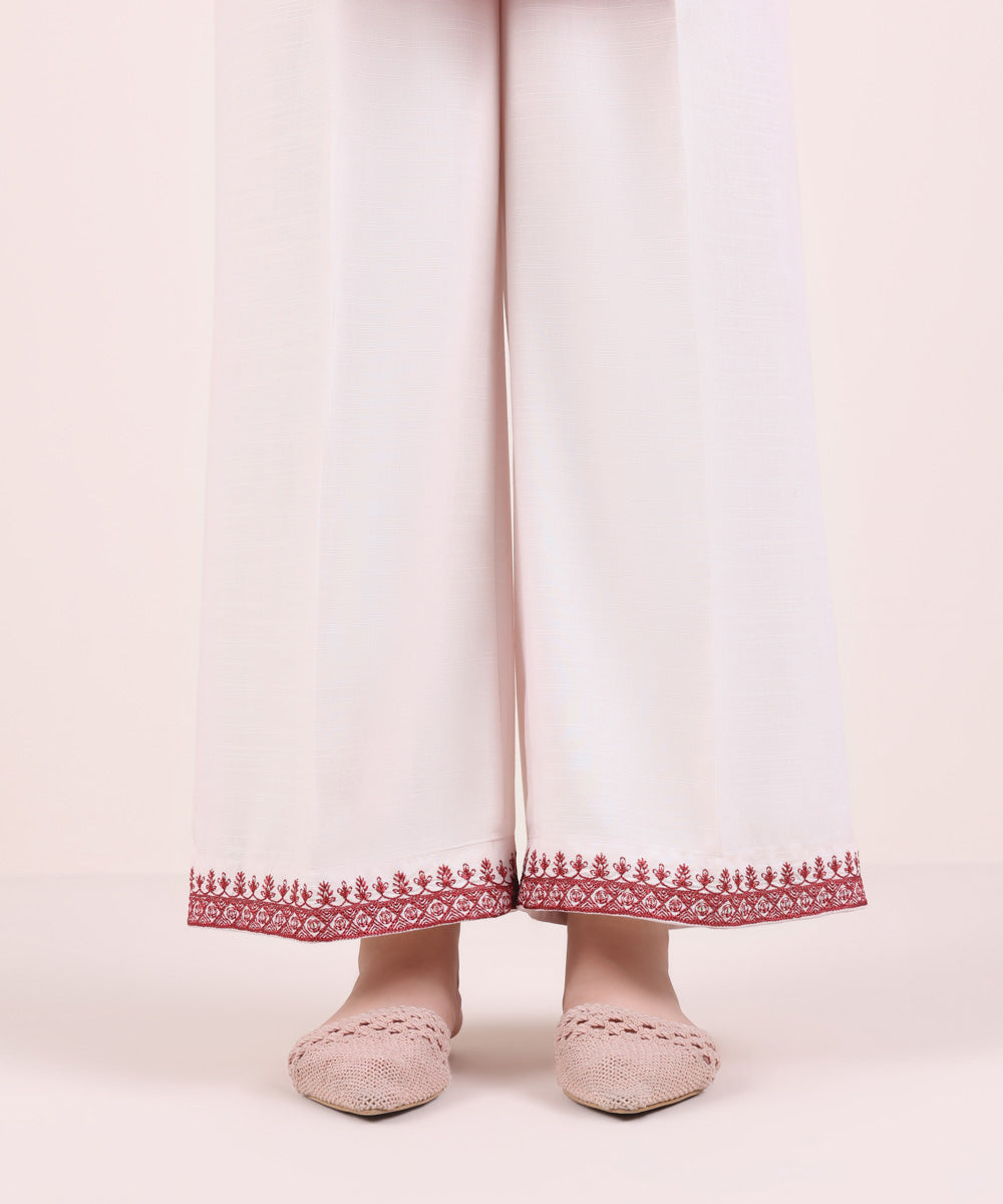 Women's Pret Dull Raw Silk Embroidered Off White Culottes