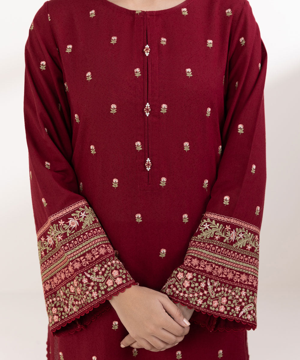 Women's Pret Karandi Embroidered Red A-Line Shirt