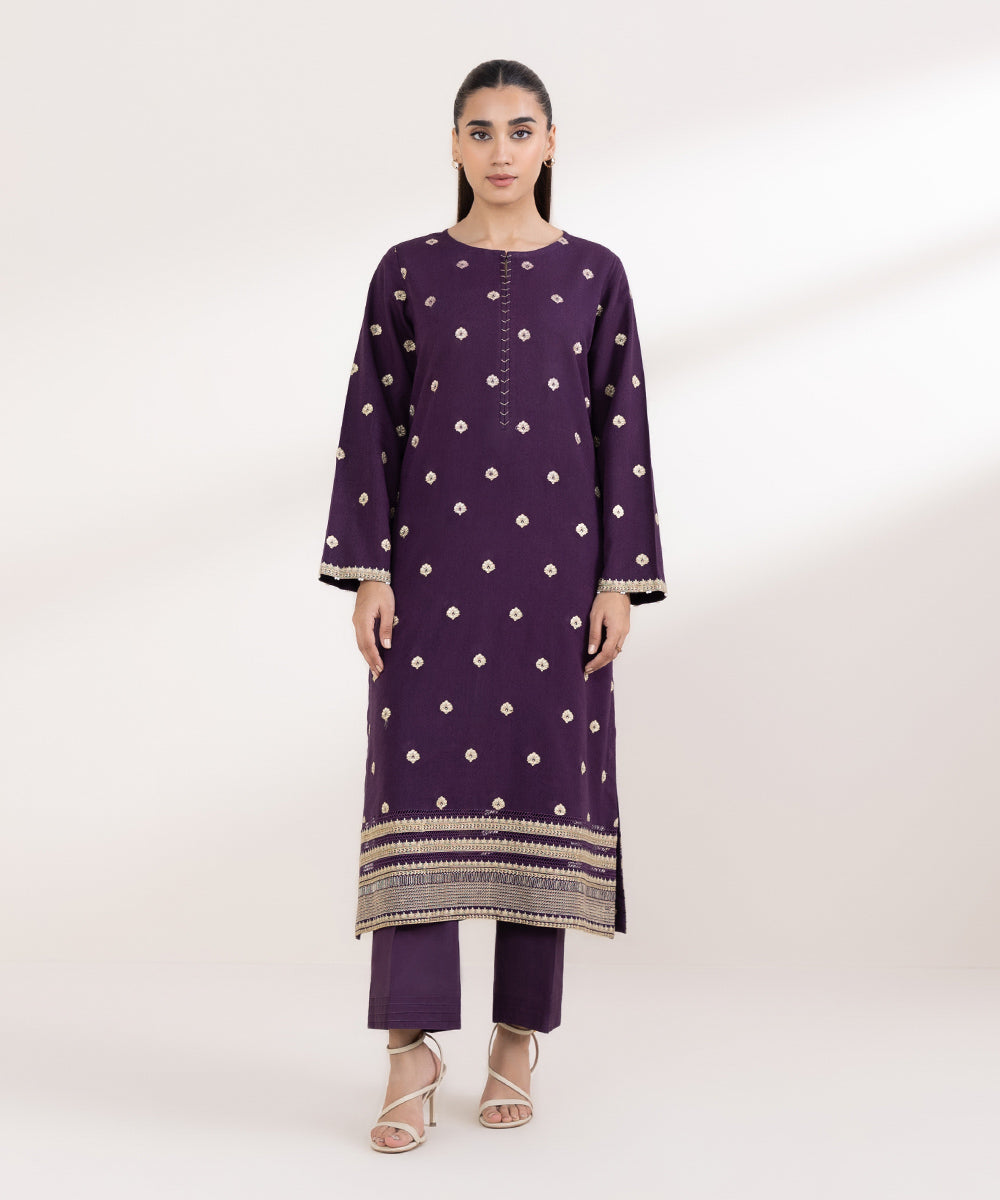 Women's Pret Karandi Embroidered Purple A-Line Shirt