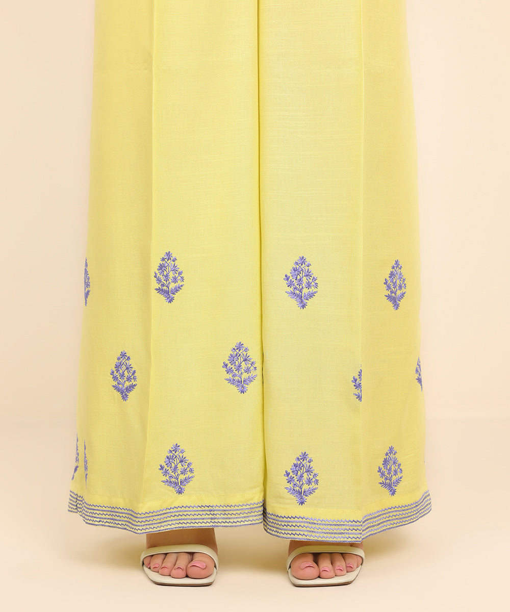 Women's Pret Dull Raw Silk Yellow Embroidered Flared Pants