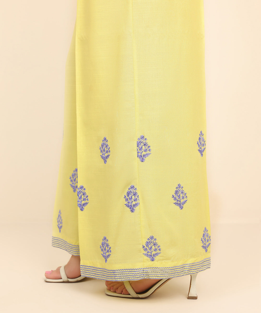 Women's Pret Dull Raw Silk Yellow Embroidered Flared Pants