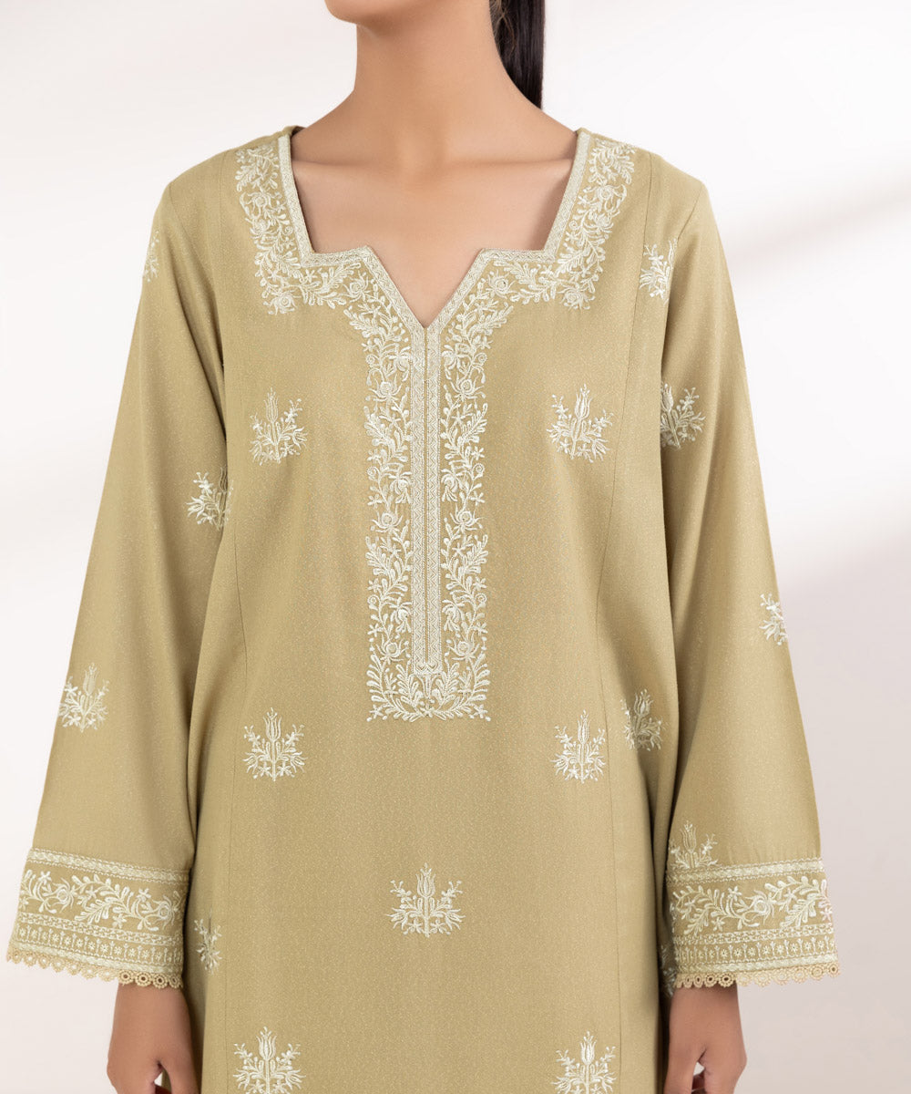 Women's Pret Karandi Embroidered Beige A-Line Shirt