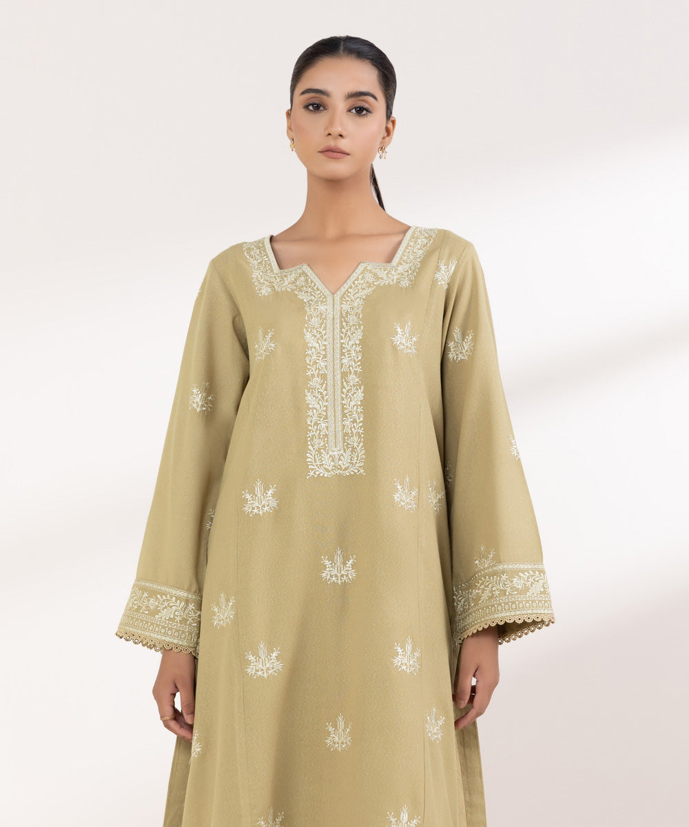 Women's Pret Karandi Embroidered Beige A-Line Shirt