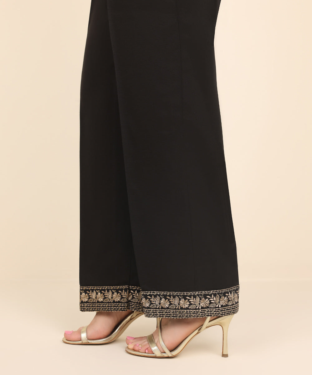 Women's Pret Dull Raw Silk Black Embroidered Straight Pants