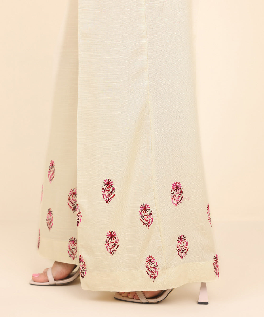 Women's Pret Dull Raw Silk Off White Embroidered Flared Pants