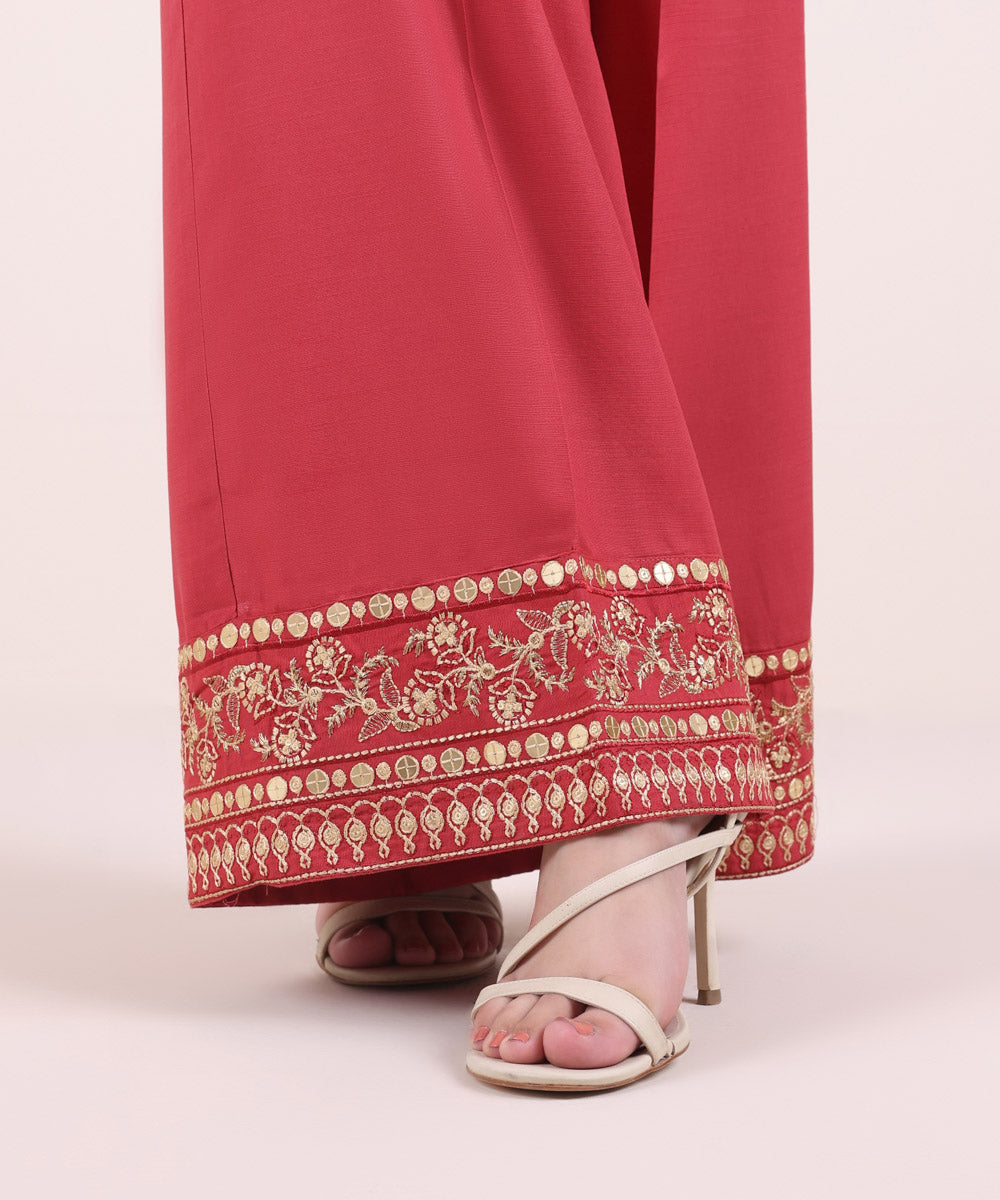 Women's Pret Dull Raw Silk Embroidered Red Flared Pants