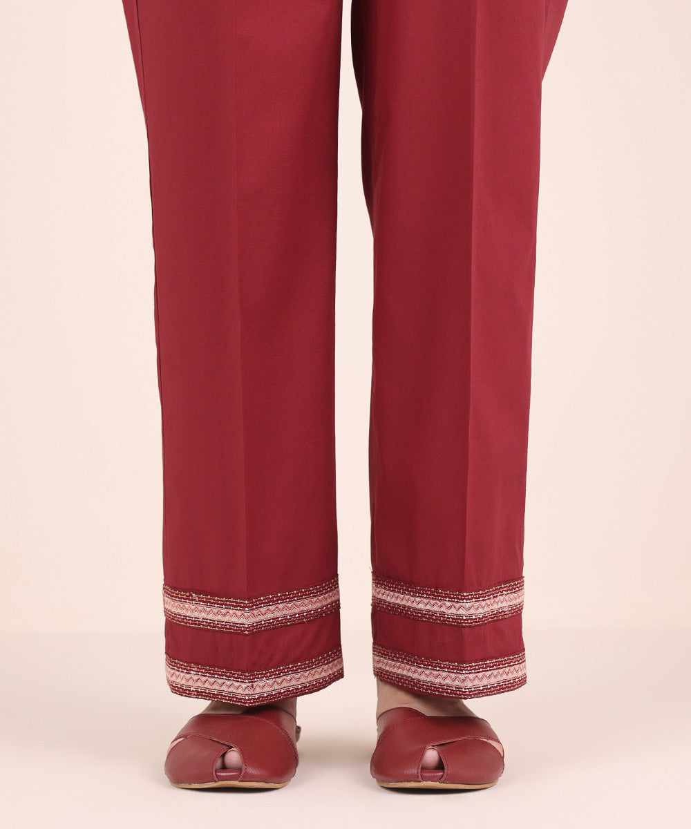 Women's Pret Cambric Red Embroidered Straight Pants