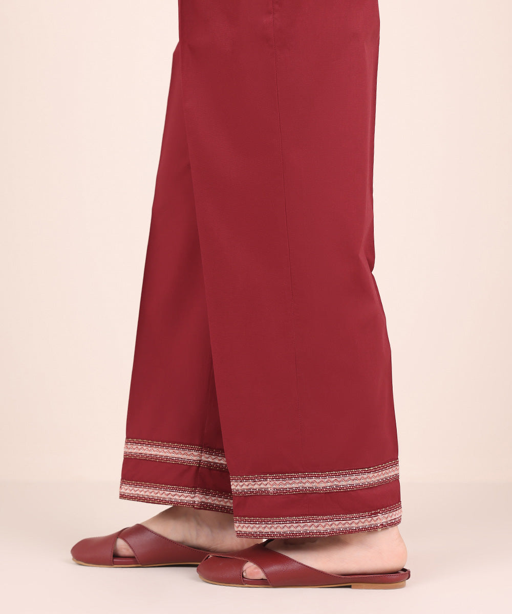 Women's Pret Cambric Red Embroidered Straight Pants