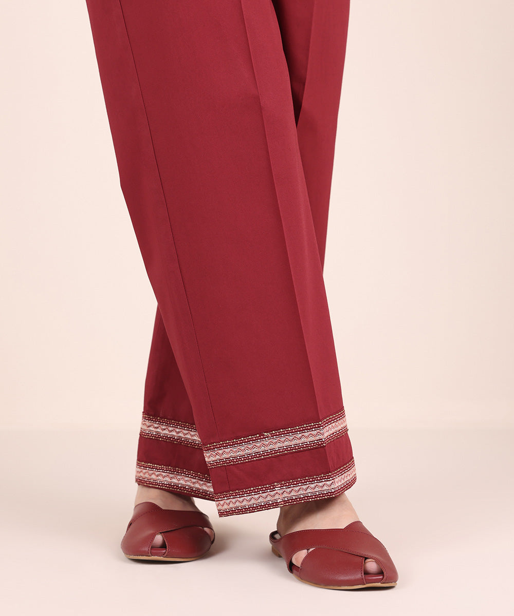 Women's Pret Cambric Red Embroidered Straight Pants