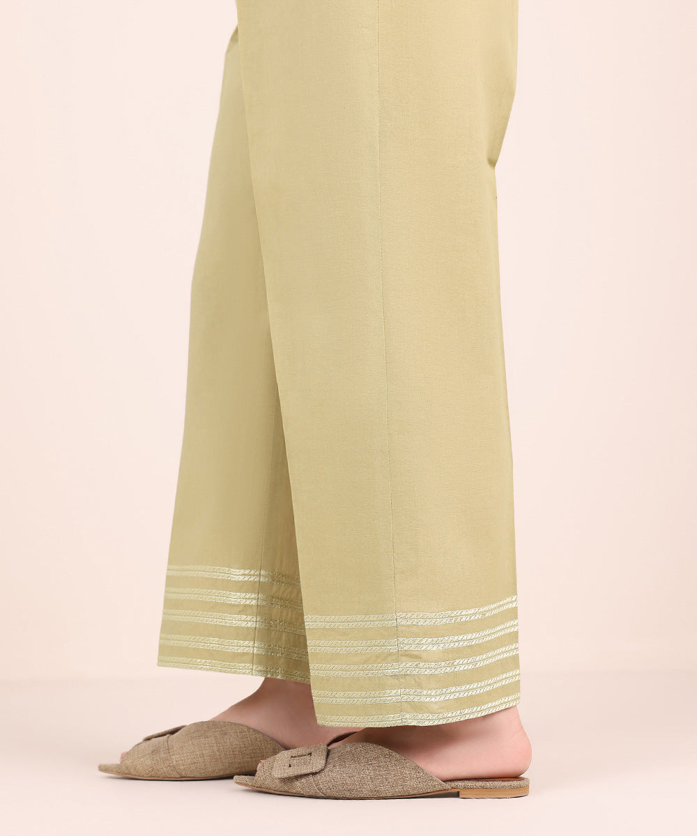 Women's Pret Cambric Beige Embroidered Straight Pants