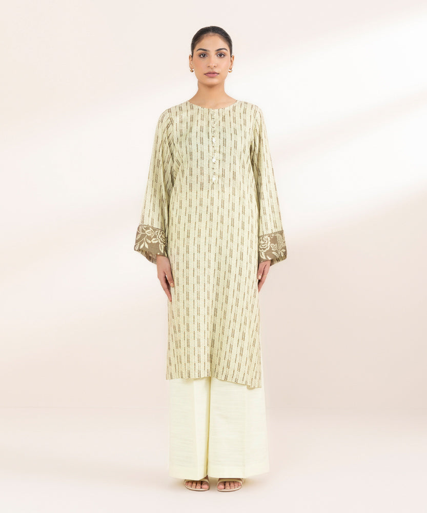 Women's Pret Printed Beige Linen A Line Shirt