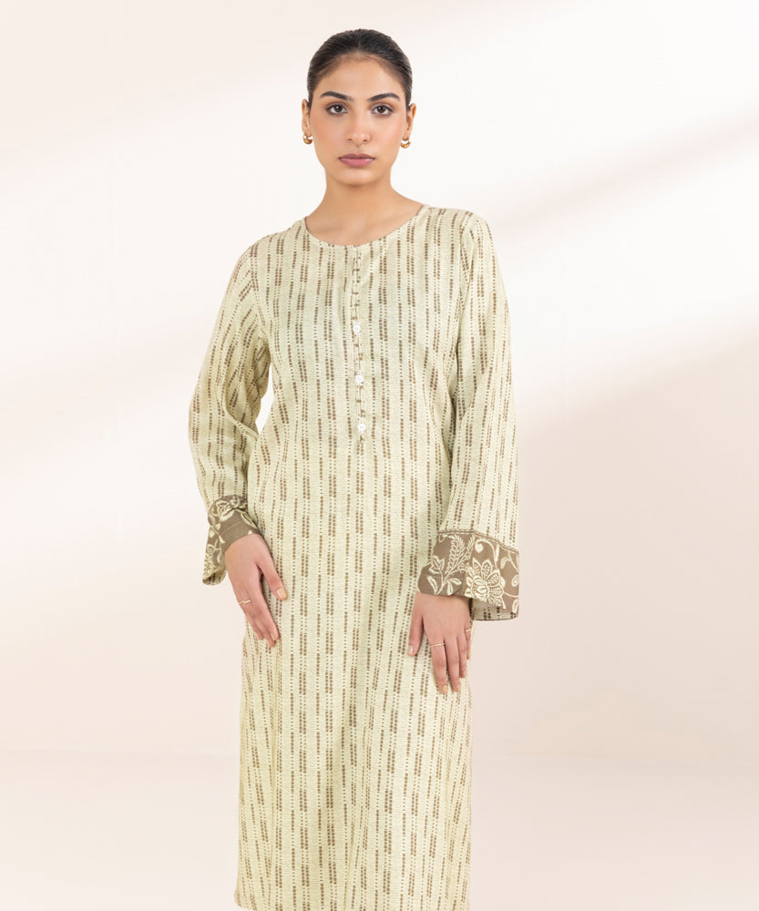 Women's Pret Printed Beige Linen A Line Shirt