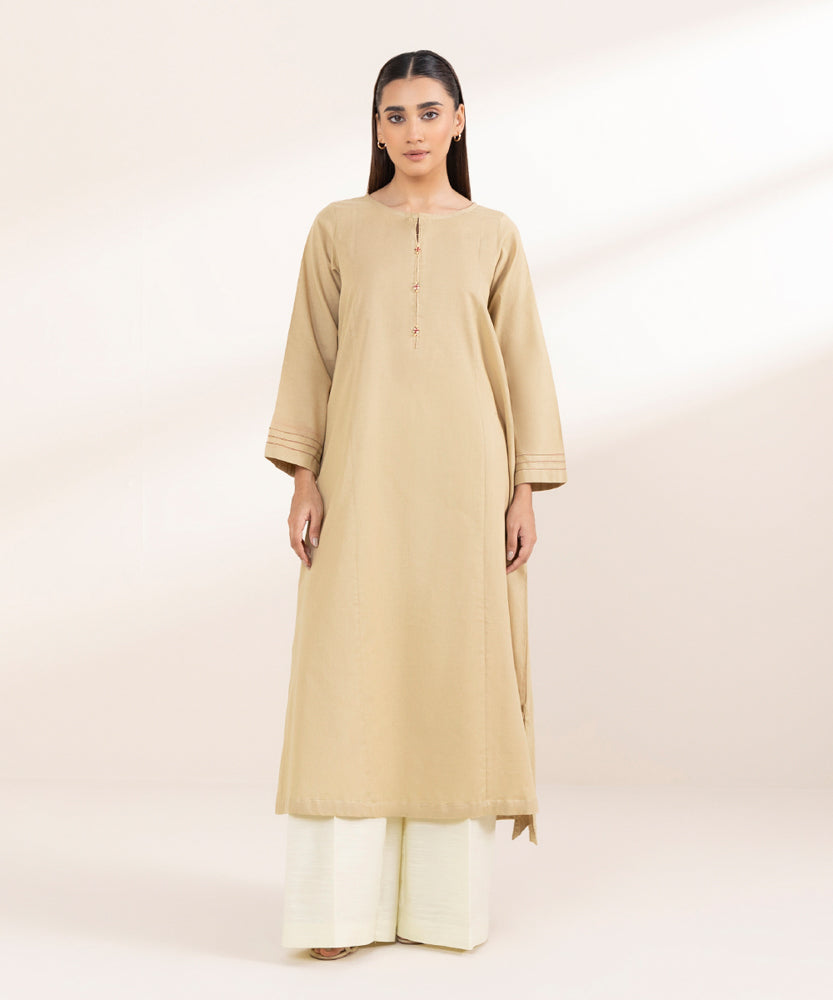 Women's Pret Solid Biege Khaddar A Line Flared Shirt