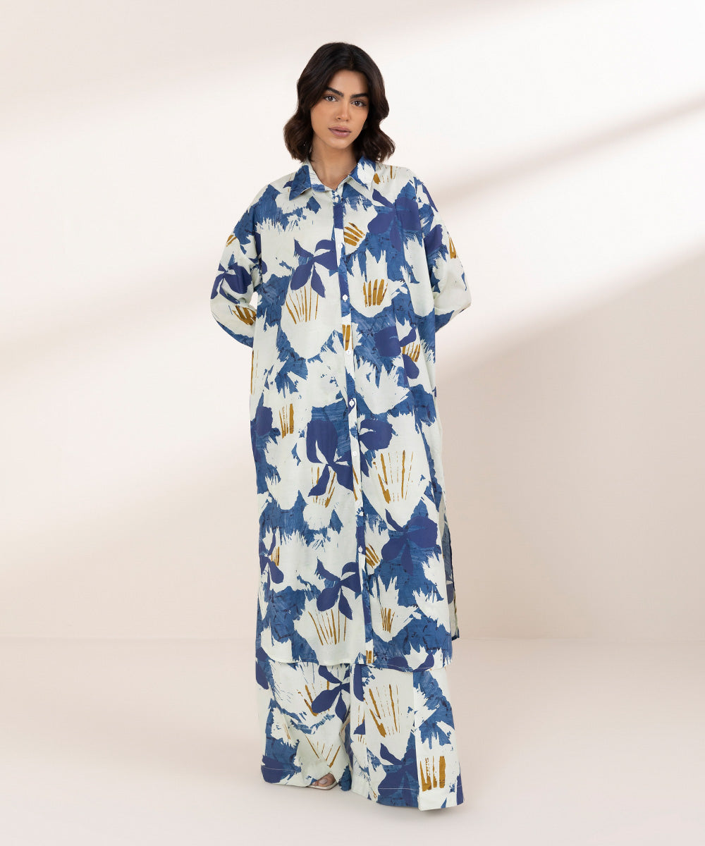 Women's RTW Textured Lawn Blue Printed Button Down Shirt
