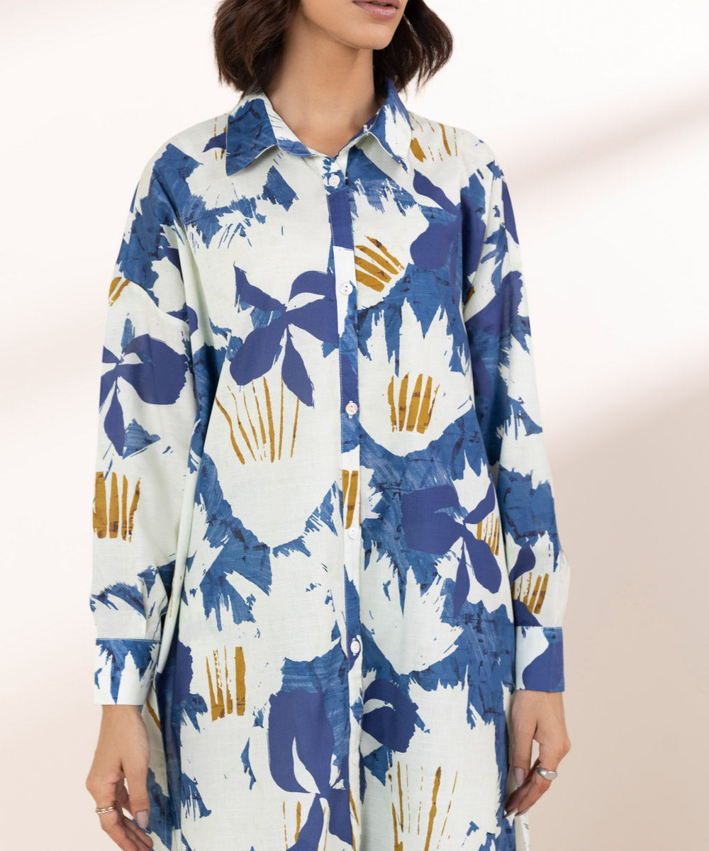 Women's RTW Textured Lawn Blue Printed Button Down Shirt