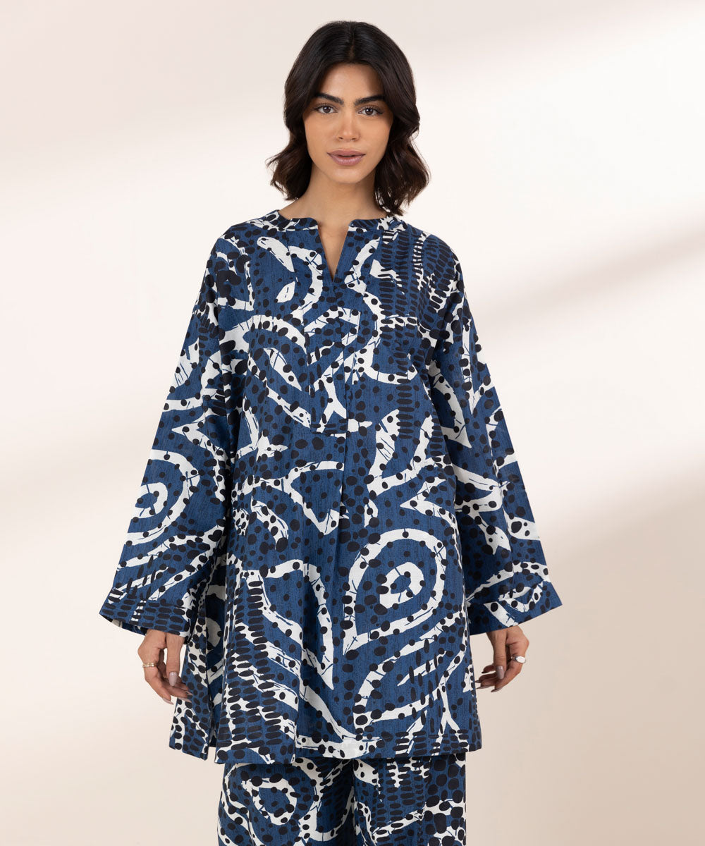 Women's RTW Textured Lawn Blue Printed Boxy Shirt