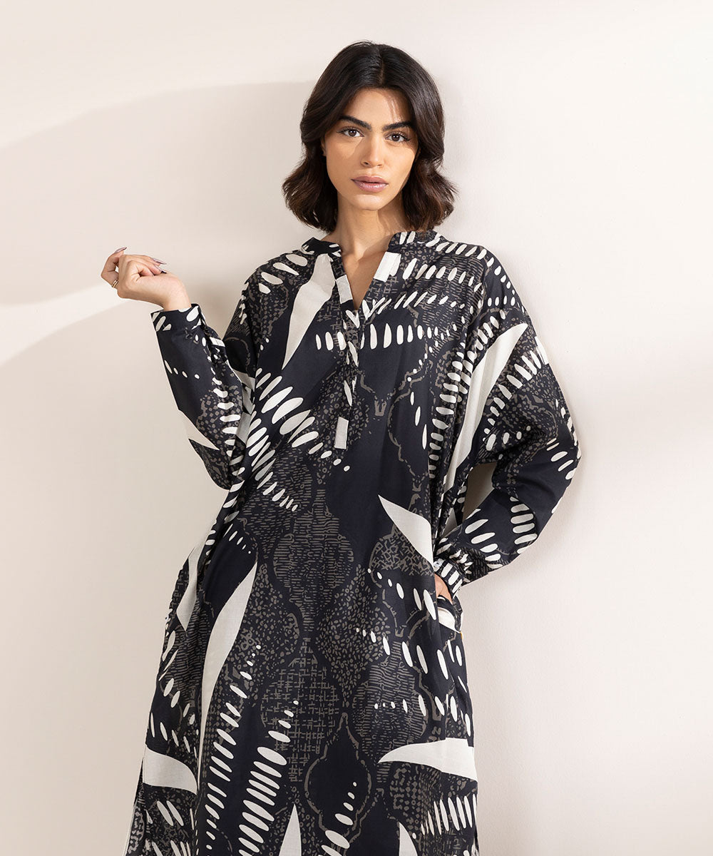 Women's RTW Textured Lawn Black Printed Boxy Shirt