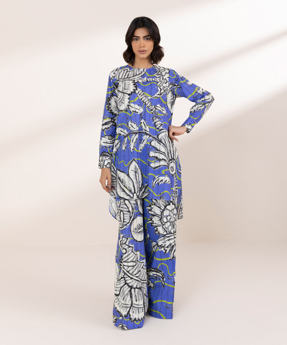 Women's RTW Textured Lawn Blue Printed A-Line Shirt