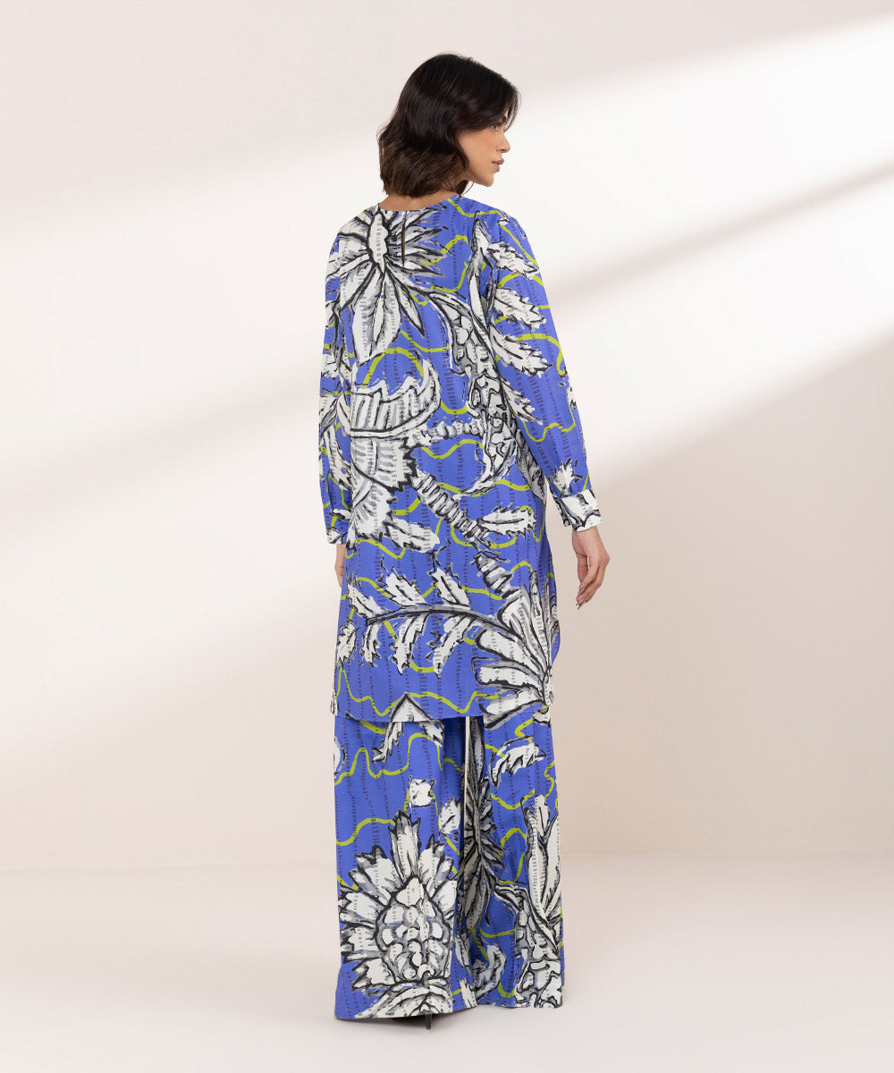 Women's RTW Textured Lawn Blue Printed A-Line Shirt