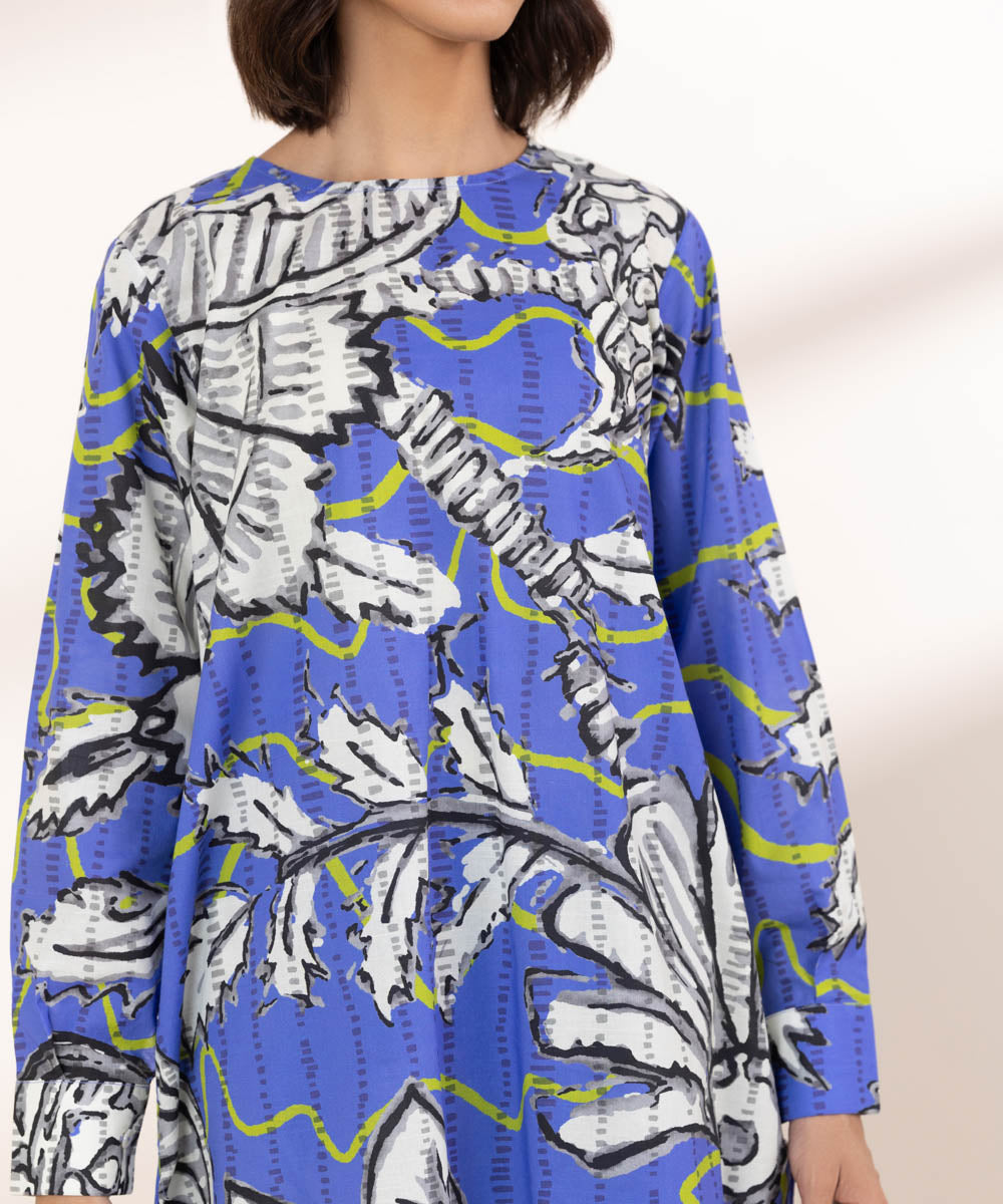 Women's RTW Textured Lawn Blue Printed A-Line Shirt